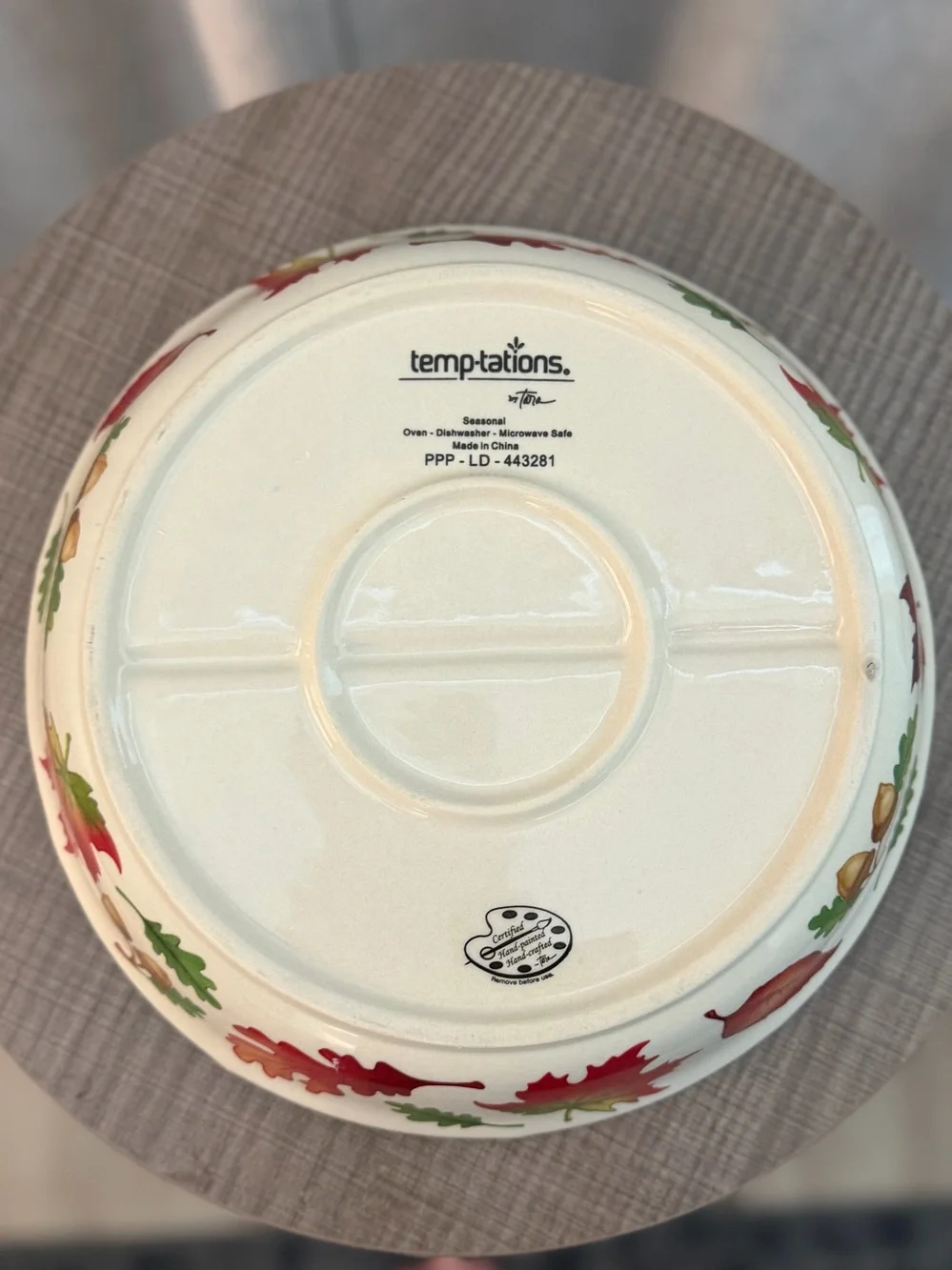 Temp-Tations Ceramic Divided Serving Bowls with Red, Green & Yellow Leaf Motif